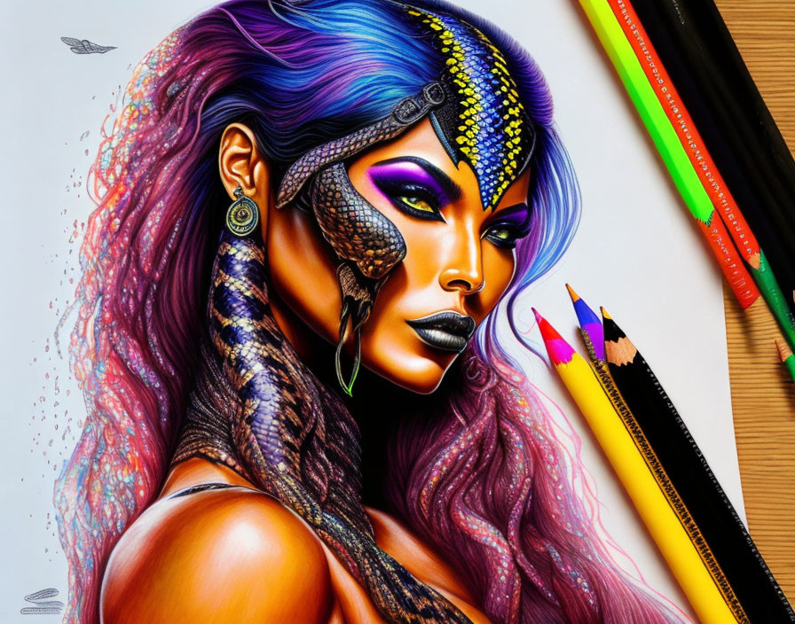 Colorful woman with snake-themed makeup among pencils