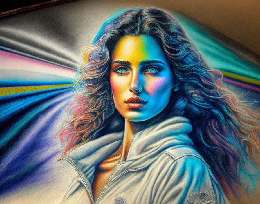 Vibrant portrait of a woman with wavy hair and jacket, illuminated by rainbow spectrum.
