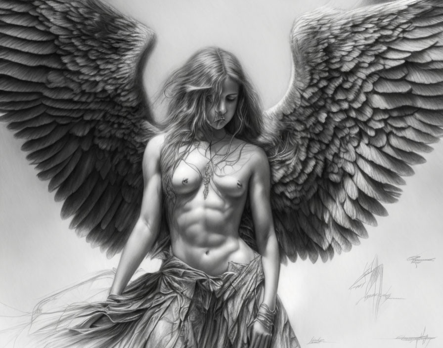 Sketch of person with large, detailed wings and feathers, exuding angelic aura