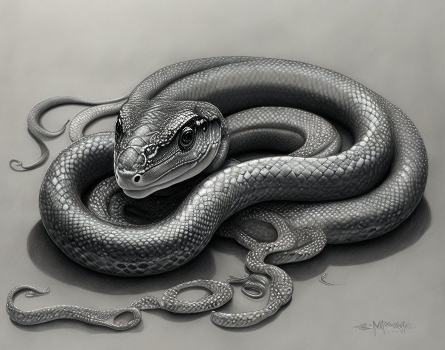 Detailed grayscale drawing of coiled snake with intricate scales.