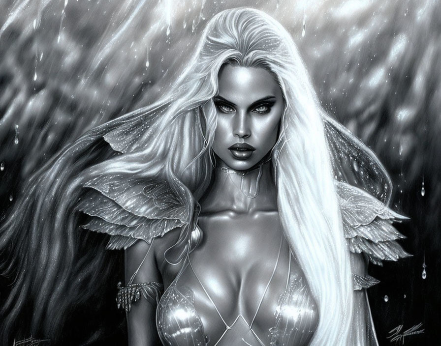 Monochrome illustration of woman in white hair and armor in rainstorm