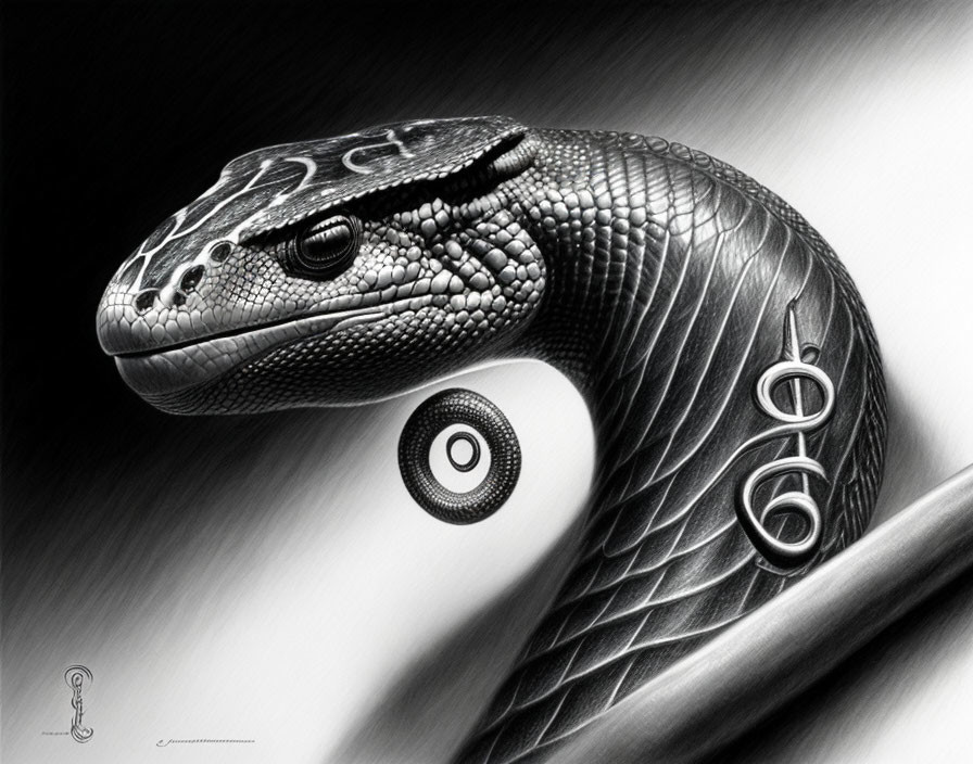 Detailed black and white serpent illustration with circular symbol.