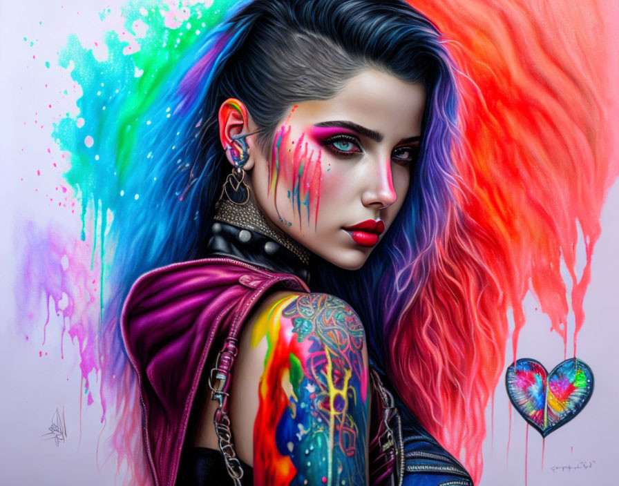 Vibrant portrait of a woman with splatter-paint hair, bold makeup, tattoos, and