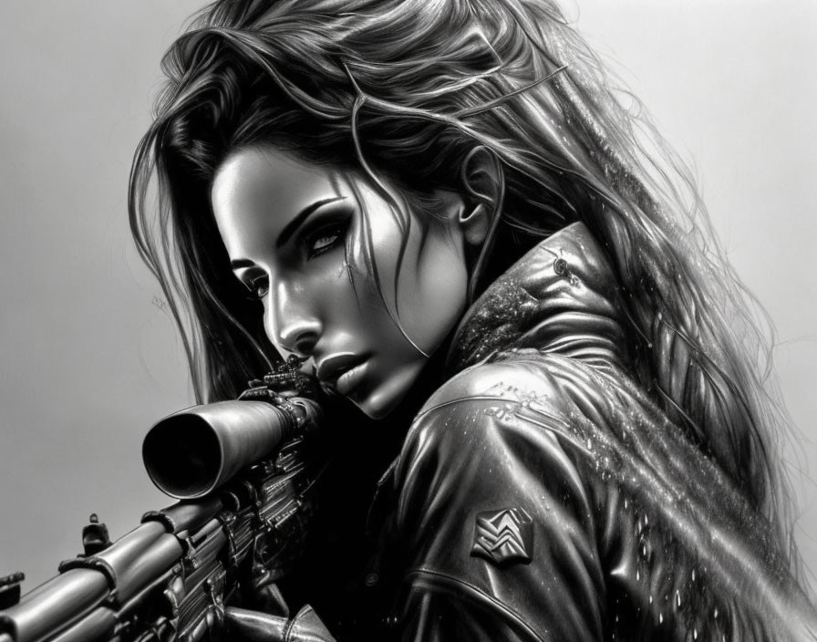 Monochrome artwork: Woman with long hair holding sniper rifle