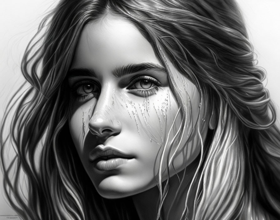 Monochrome digital art: Woman with wavy hair, intense eyes, teardrops