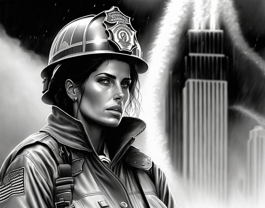 Female firefighter illustration in uniform with reflective expression, surrounded by water jets and smoke.