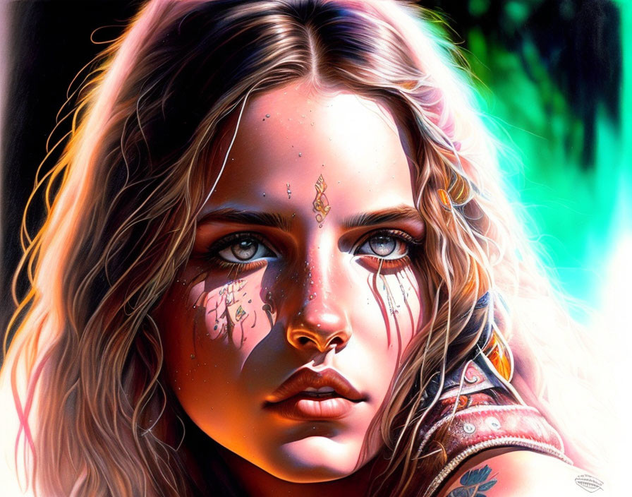 Detailed digital portrait of woman with facial tattoos, blue eyes, blonde hair, vibrant background