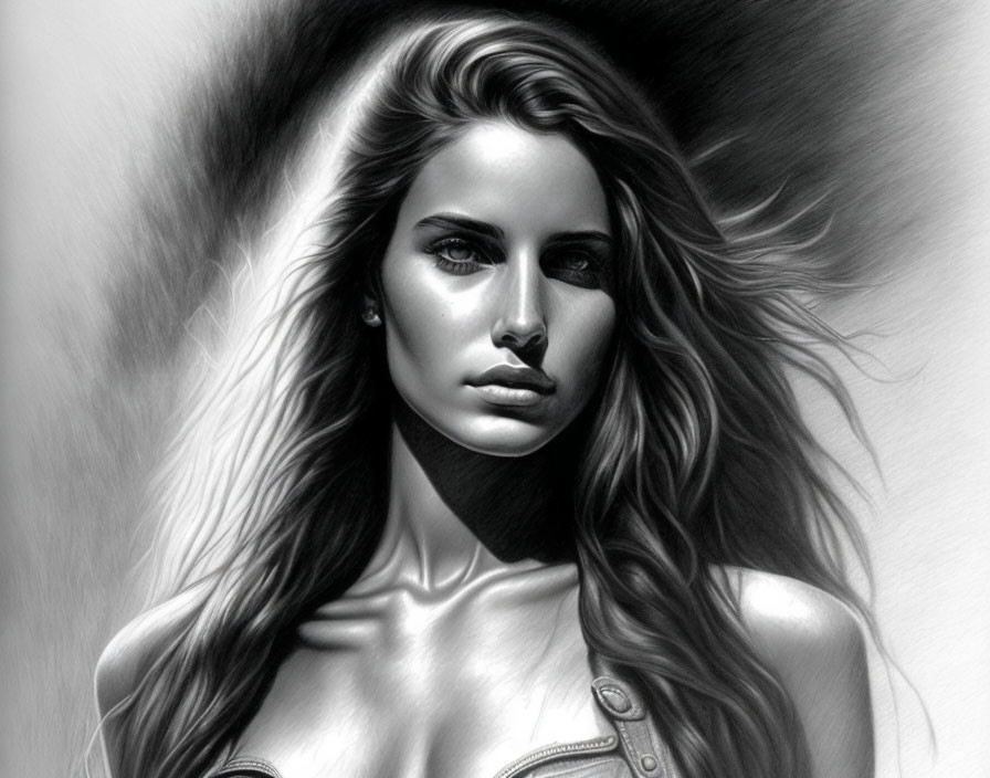Detailed Monochrome Drawing of Woman with Flowing Hair and Intense Gaze
