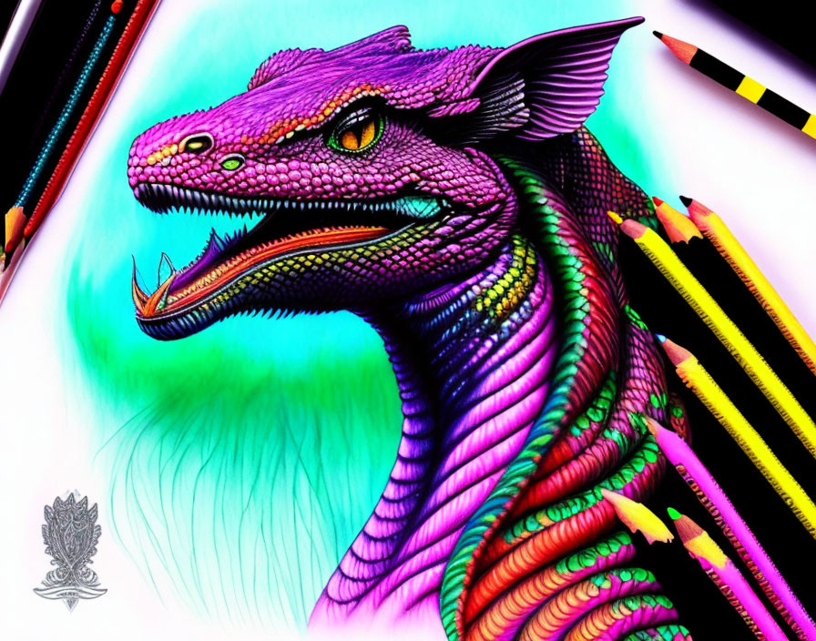 Vibrant dragon head illustration with colored pencils on blue-green background