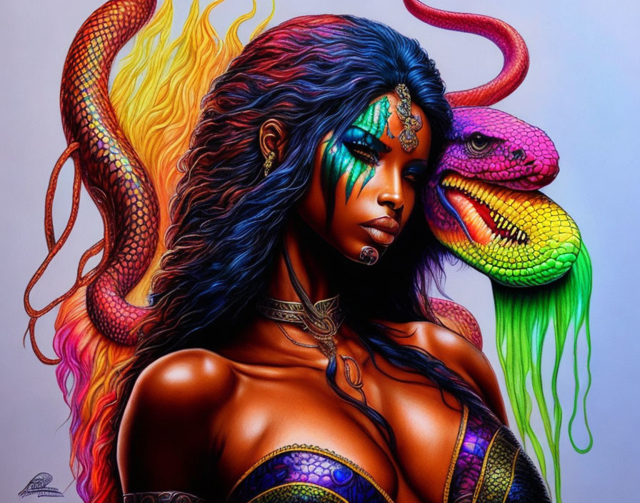 Vibrant artwork of woman with blue skin and fiery hair with colorful serpentine creature