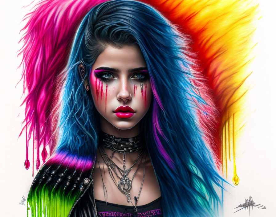 Vibrant digital artwork: Woman with colorful hair, striking makeup, dripping paint, gothic accessories