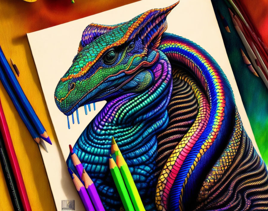 Colorful Lizard Illustration Surrounded by Colored Pencils