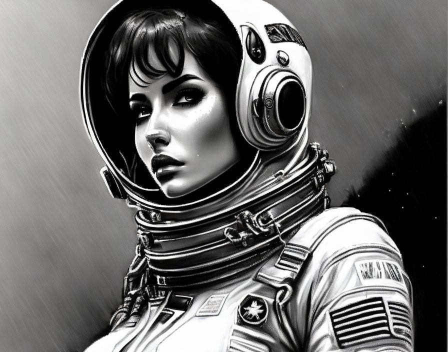 Monochrome illustration: Woman astronaut in detailed space suit