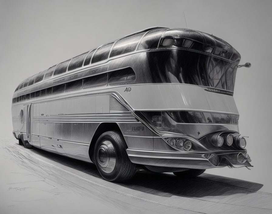Detailed monochrome futuristic bus illustration with multiple levels and prominent front view