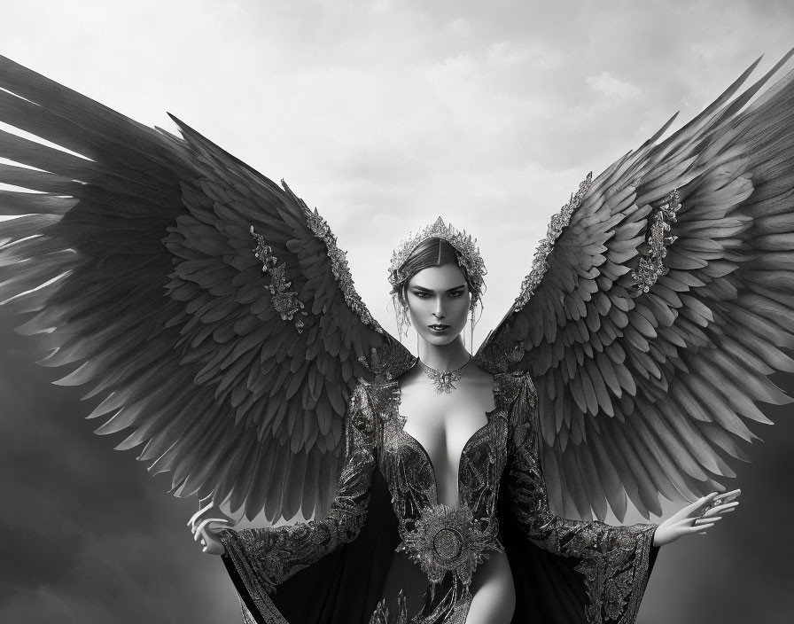 Monochromatic image of woman with large wings and ornate dress against stormy sky