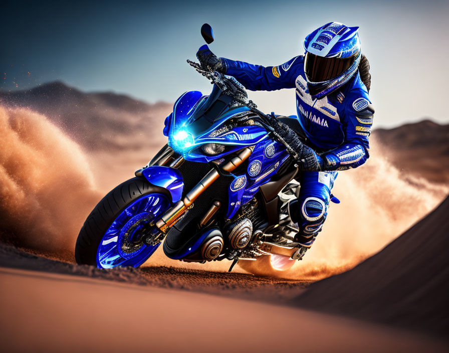 Motorcyclist in blue Yamaha gear executes sharp turn on desert track