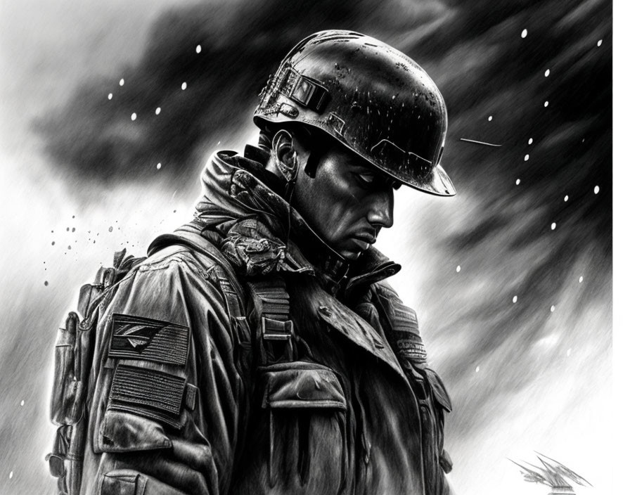 Profile of solemn soldier in helmet and military gear with falling snowflakes on grey background