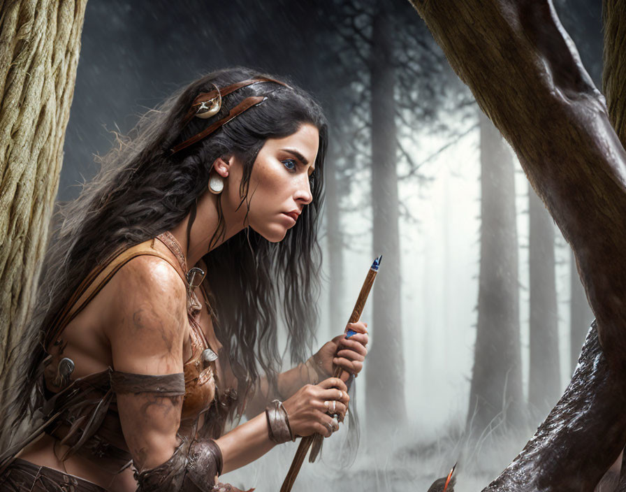 Tribal woman in forest with spear exudes intensity