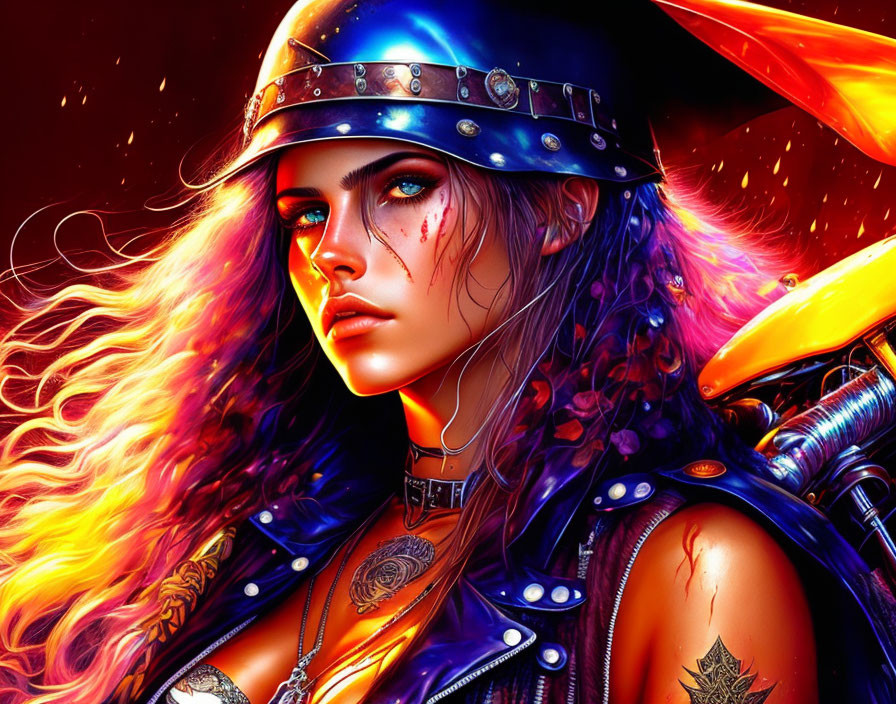 Digital artwork of woman with blue eyes in studded helmet and leather attire on red backdrop