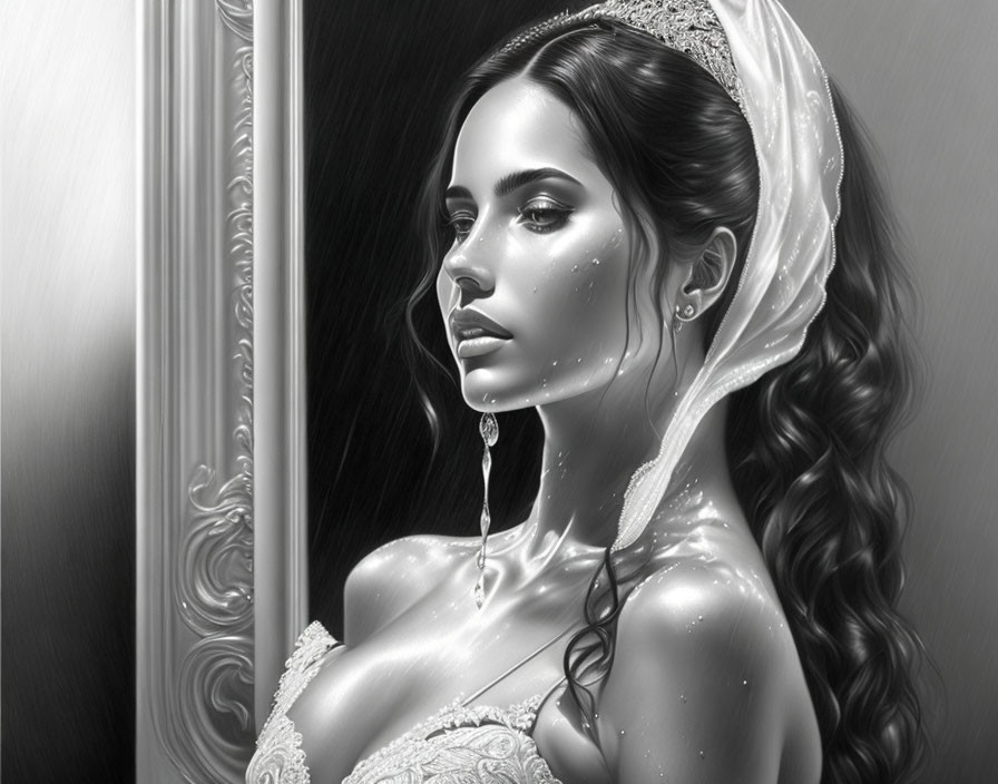 Monochromatic bride portrait with veil, tiara, earrings, detailed hairstyle, and reflective gaze.