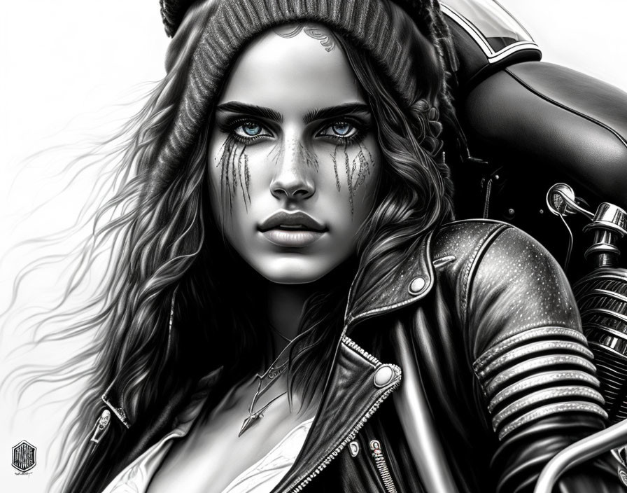 Monochrome illustration of woman in beanie and leather jacket