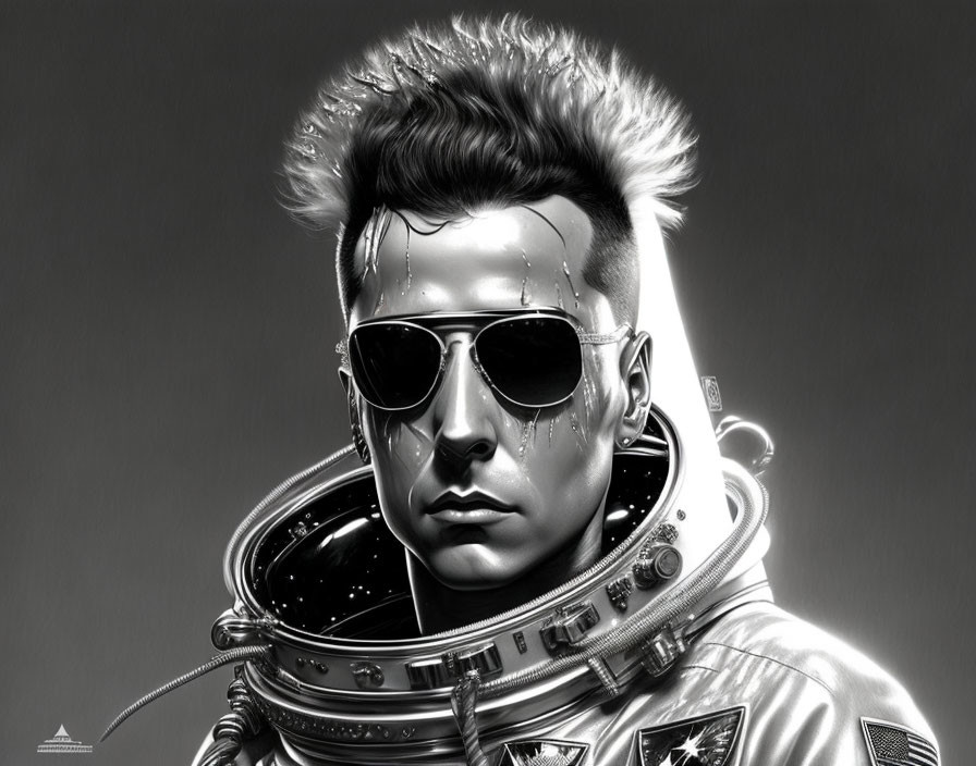Monochrome artwork of person in astronaut suit with modern hairstyle