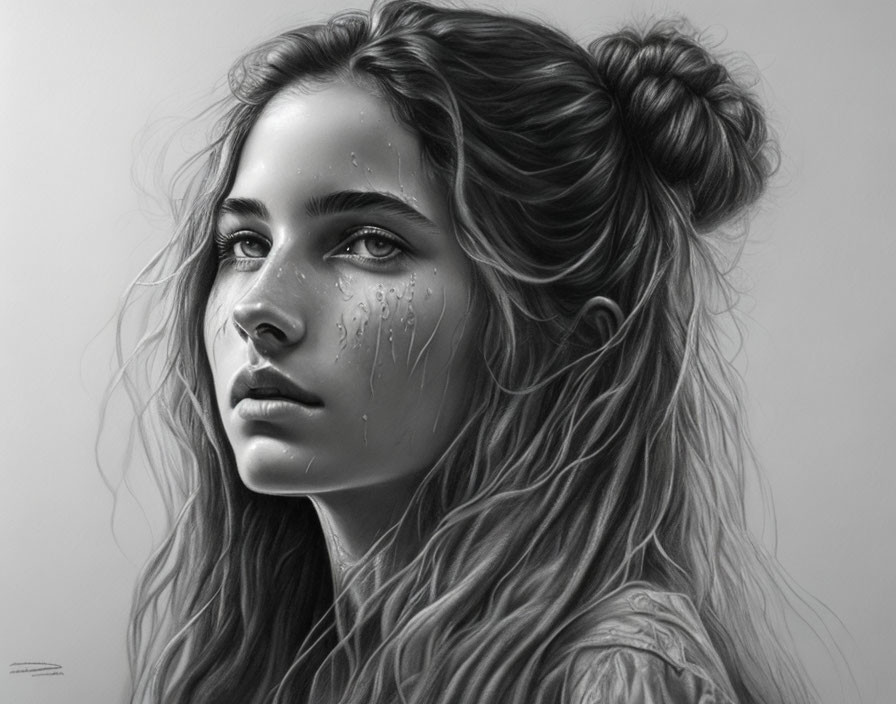 Detailed grayscale portrait of young woman with tears, expressive eyes, and intricate hair.