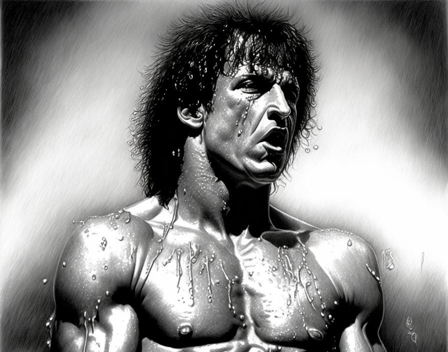 Monochrome art: Muscular man with intense expression