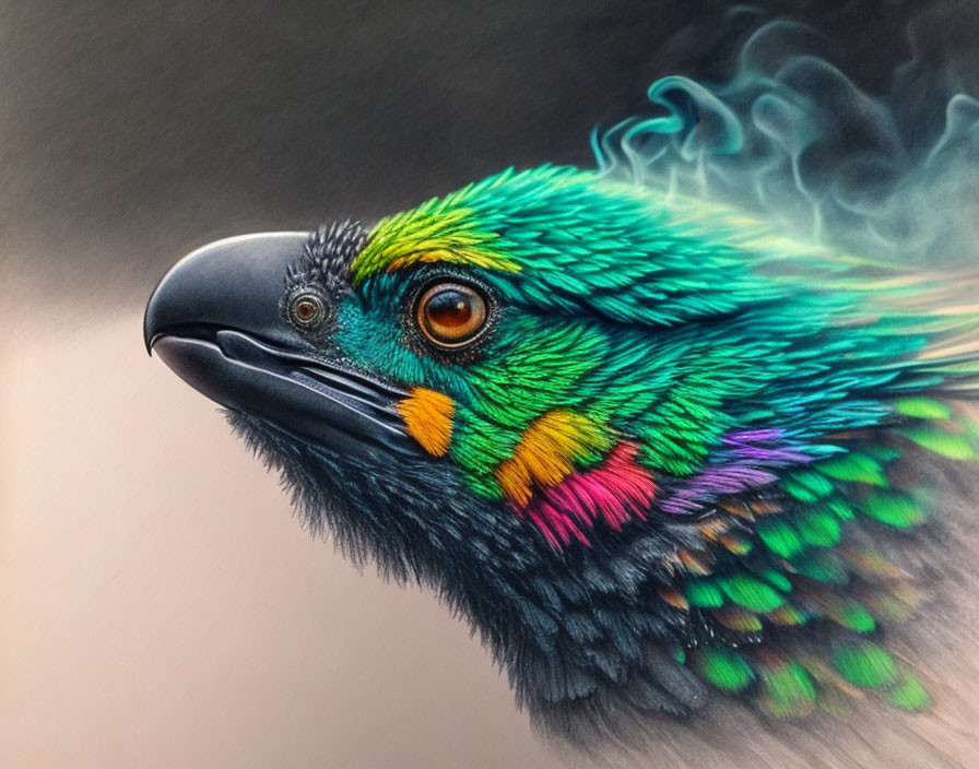 Colorful Bird with Iridescent Green, Orange, and Purple Feathers