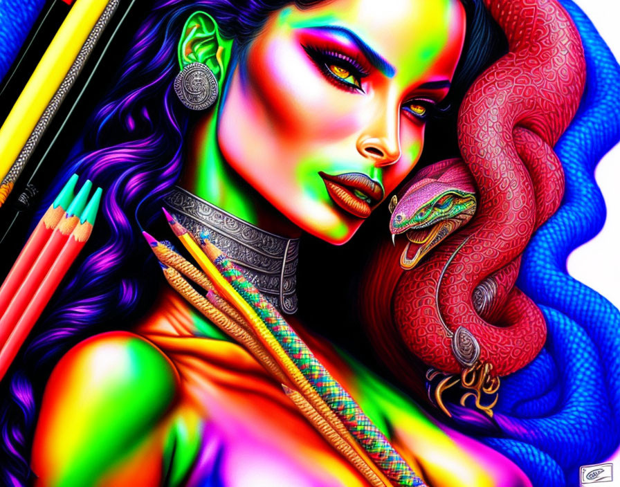 Colorful woman and serpent illustration with makeup and pencils, blending artistry and allure