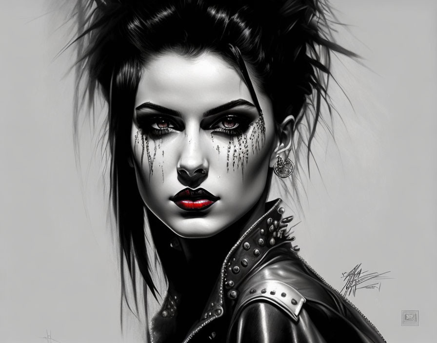 Monochromatic portrait of woman with bold makeup and studded leather attire