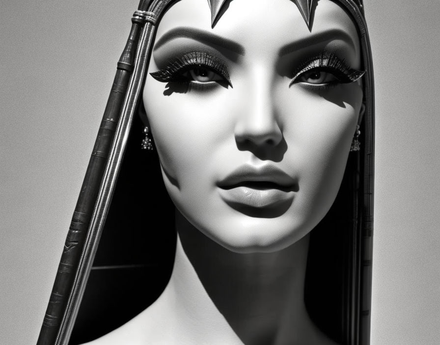 Monochrome stylized female mannequin with dramatic makeup and elegant eyelashes.