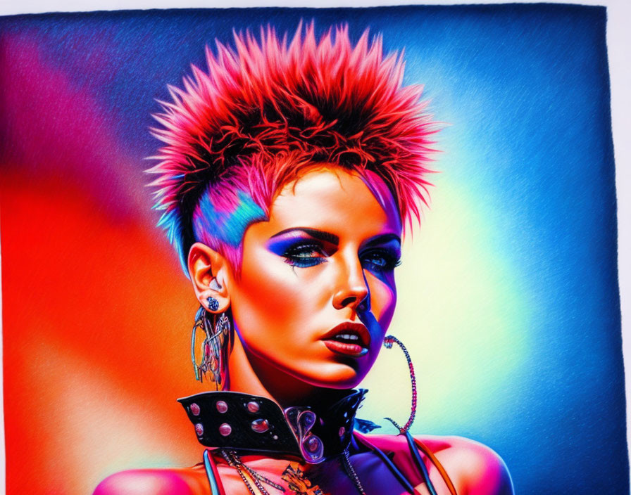 Vibrant portrait with spiked two-tone hair and dramatic makeup