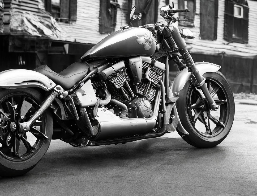 Monochrome image: Custom V-twin motorcycle parked in urban backdrop