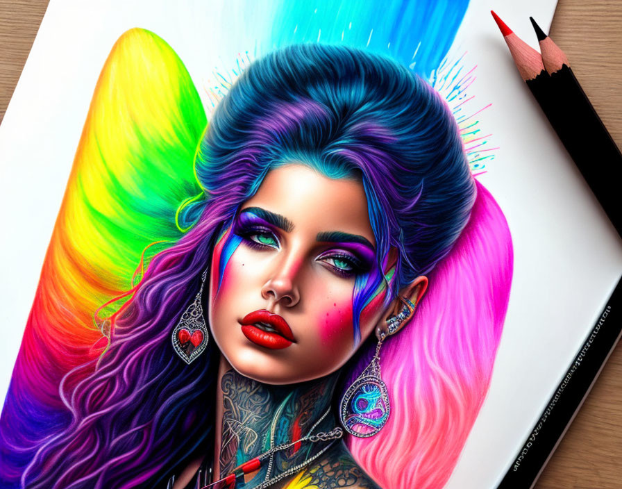 Vibrant rainbow hair, blue eyes, bold makeup, heart tattoo woman portrait