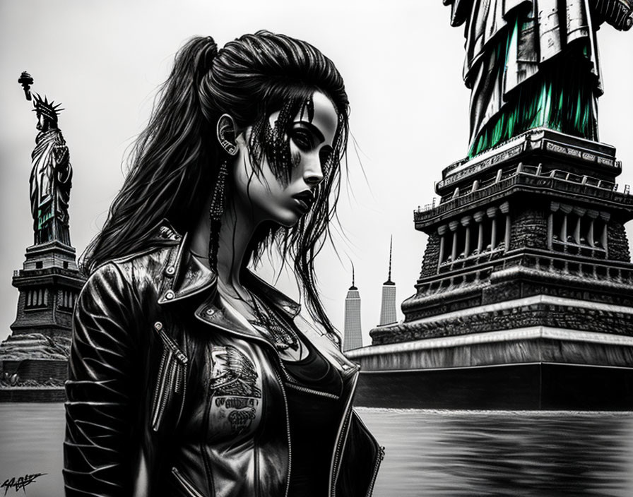 Detailed monochrome portrait of woman with long hair and leather jacket, Statue of Liberty and urban skyline in