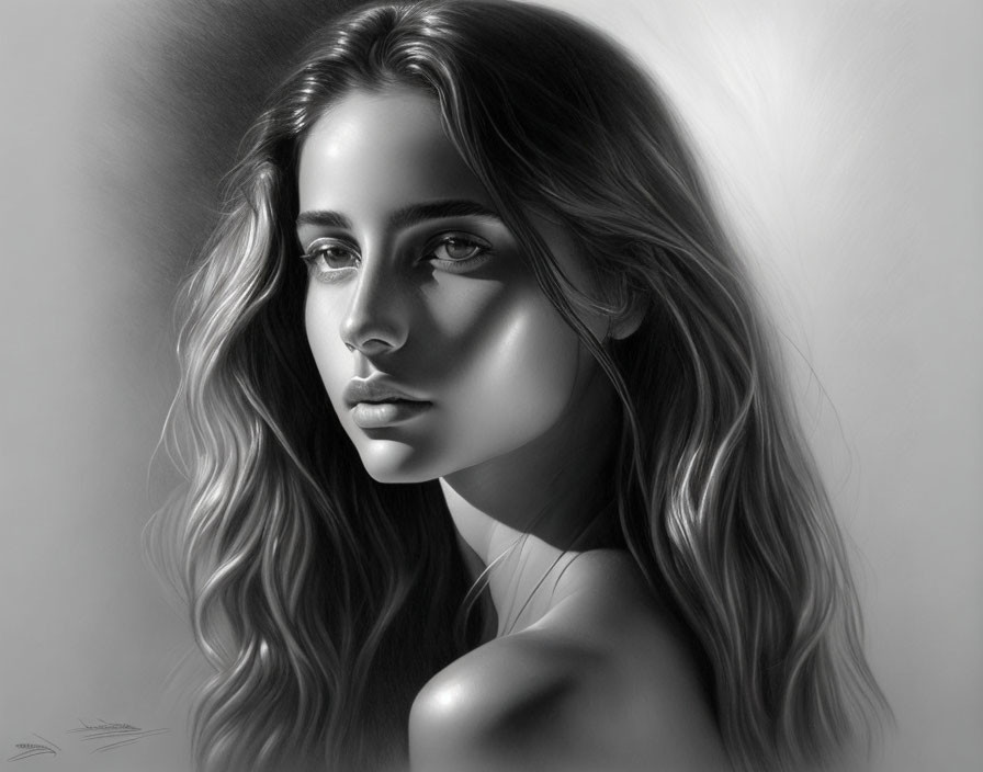 Monochrome digital portrait of a woman with wavy hair and subtle expression