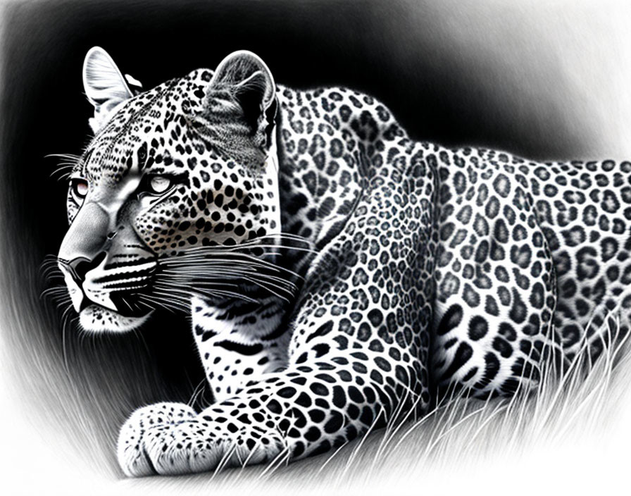 Detailed greyscale leopard illustration with spotted fur and focused gaze.