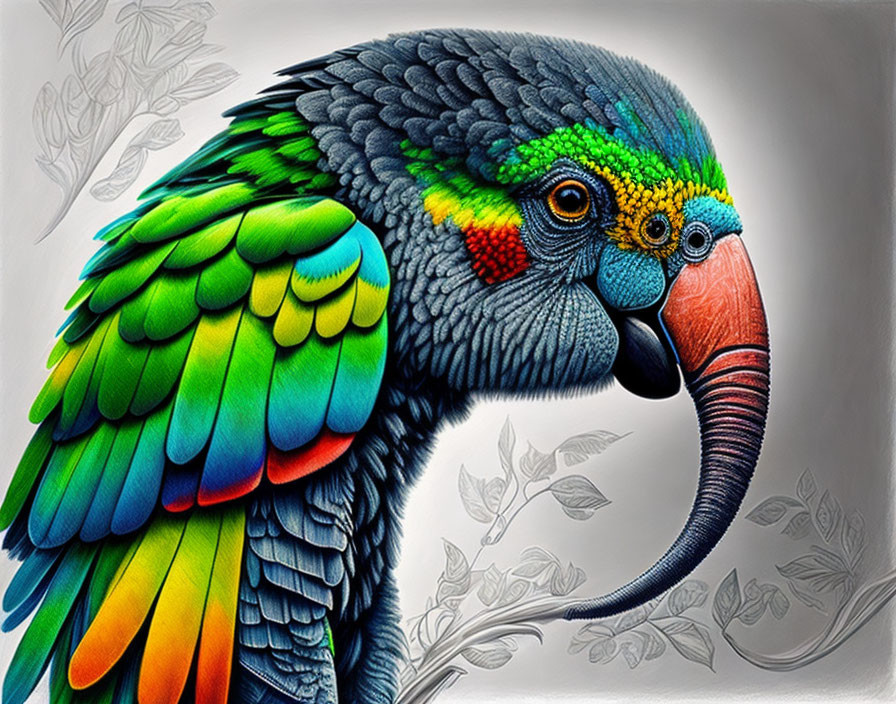 Colorful Parrot Illustration with Detailed Plumage on Grey Background