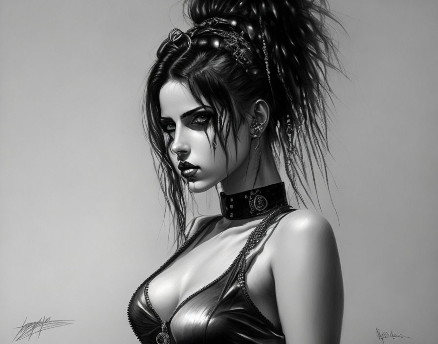 Monochromatic artwork of a punk-inspired woman with intricate hair details and dark makeup.