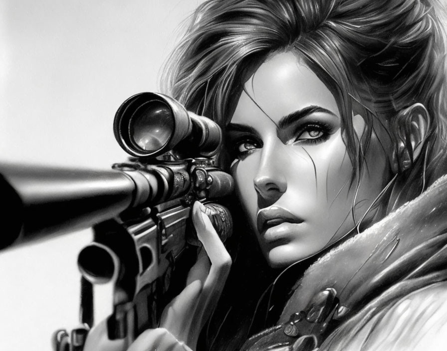 Detailed monochrome artwork of a woman with intense eyes aiming a sniper rifle