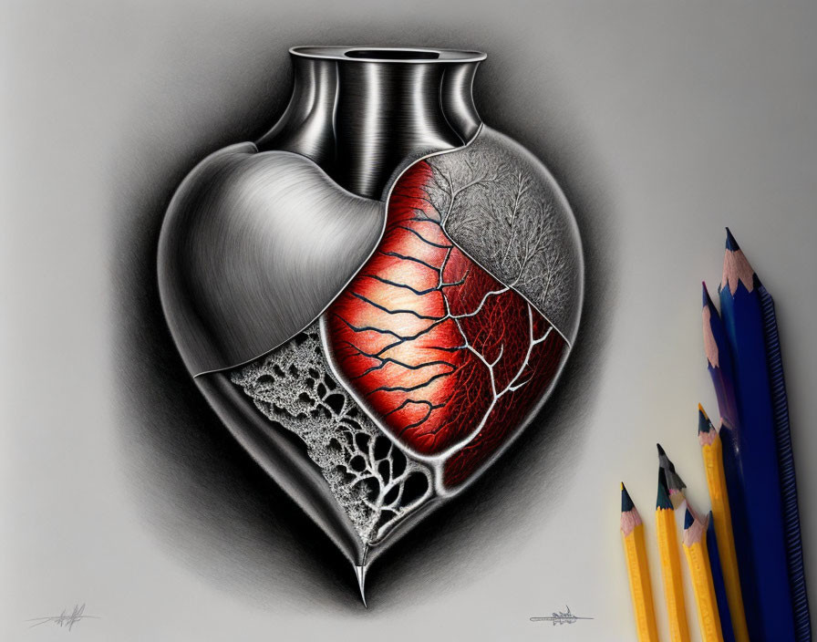 Drawing of Vase and Heart Blend in Colorful Transition