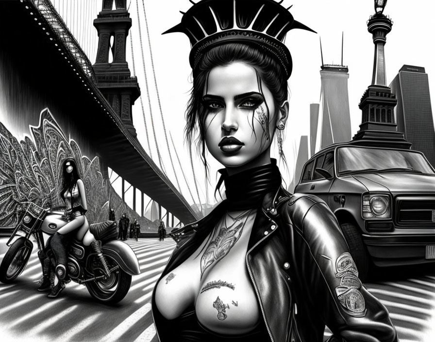 Monochrome art of tattooed woman in leather jacket with NYC landmarks & motorcycle.