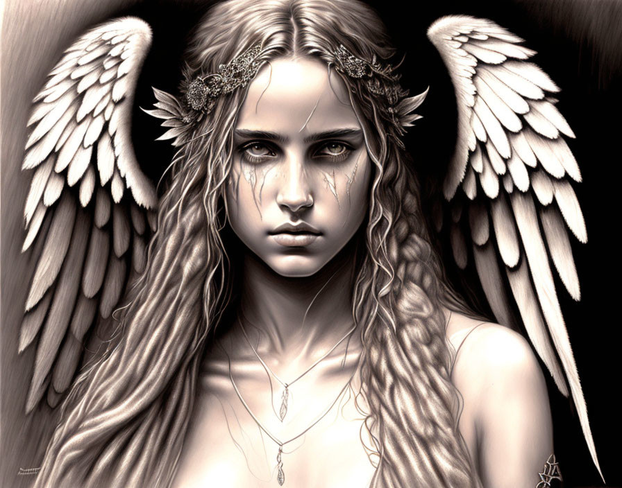 Monochromatic digital art of young woman with angel wings and leaf headband.