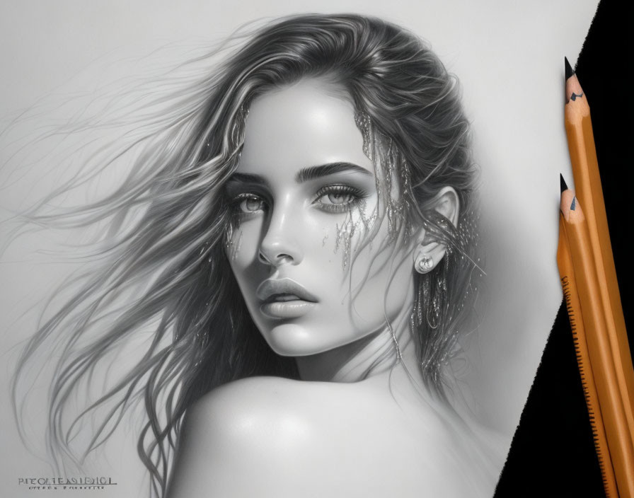 Detailed monochrome portrait of woman with flowing hair and pencils, blending reality and drawing