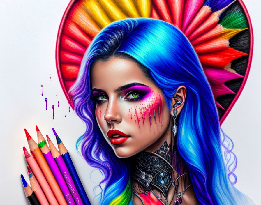 Colorful Woman Illustration with Blue and Rainbow Hair, Makeup, Tattoos, and Colored P