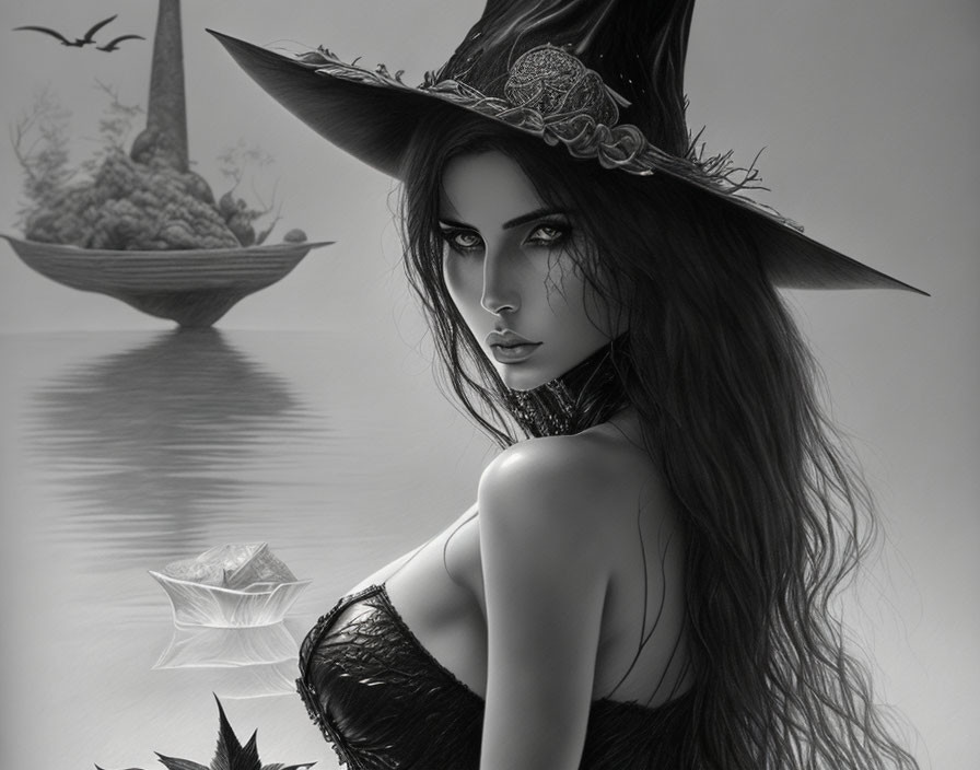 Monochrome artwork of woman in witch's hat with captivating eyes, boat, misty landscape