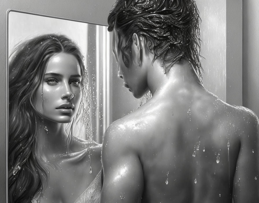 Monochrome image: Man with wet hair and reflected woman with water droplets.