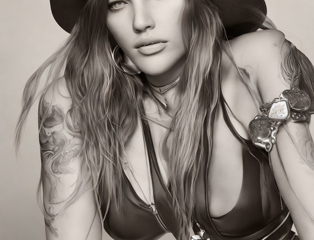 Monochromatic portrait of a woman with tattoos, hat, choker, zippered top, and