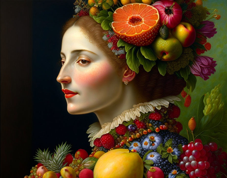 Woman with flowers and fruits